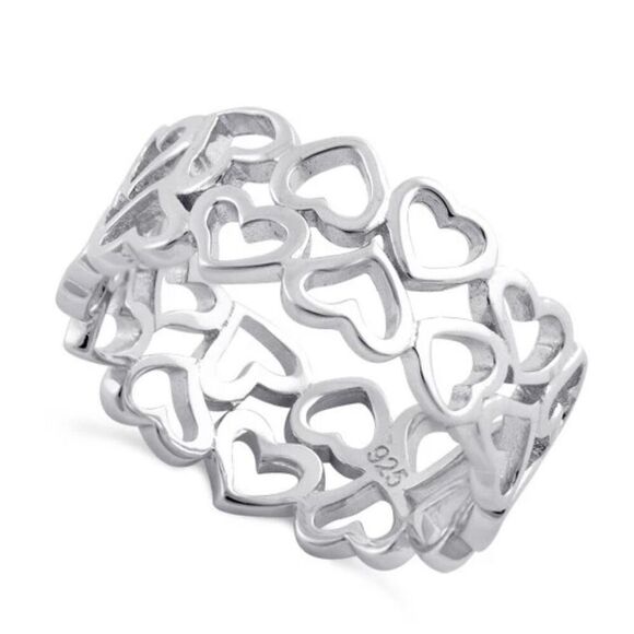 Sterling Silver Eternity Hearts Band Ring New - Picture 1 of 4